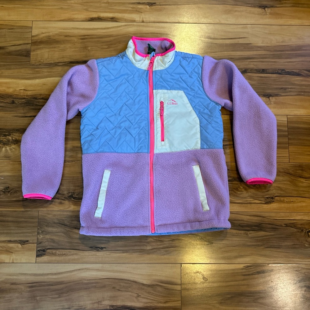 LL Bean Youth Girls Blue Purple Pink Fleece Full Zip Jacket Size Large (14-16)